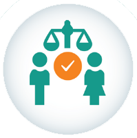 Icon of two people, a man and a woman, with a checkmark in an orange circle between them, above a balanced scale symbol.