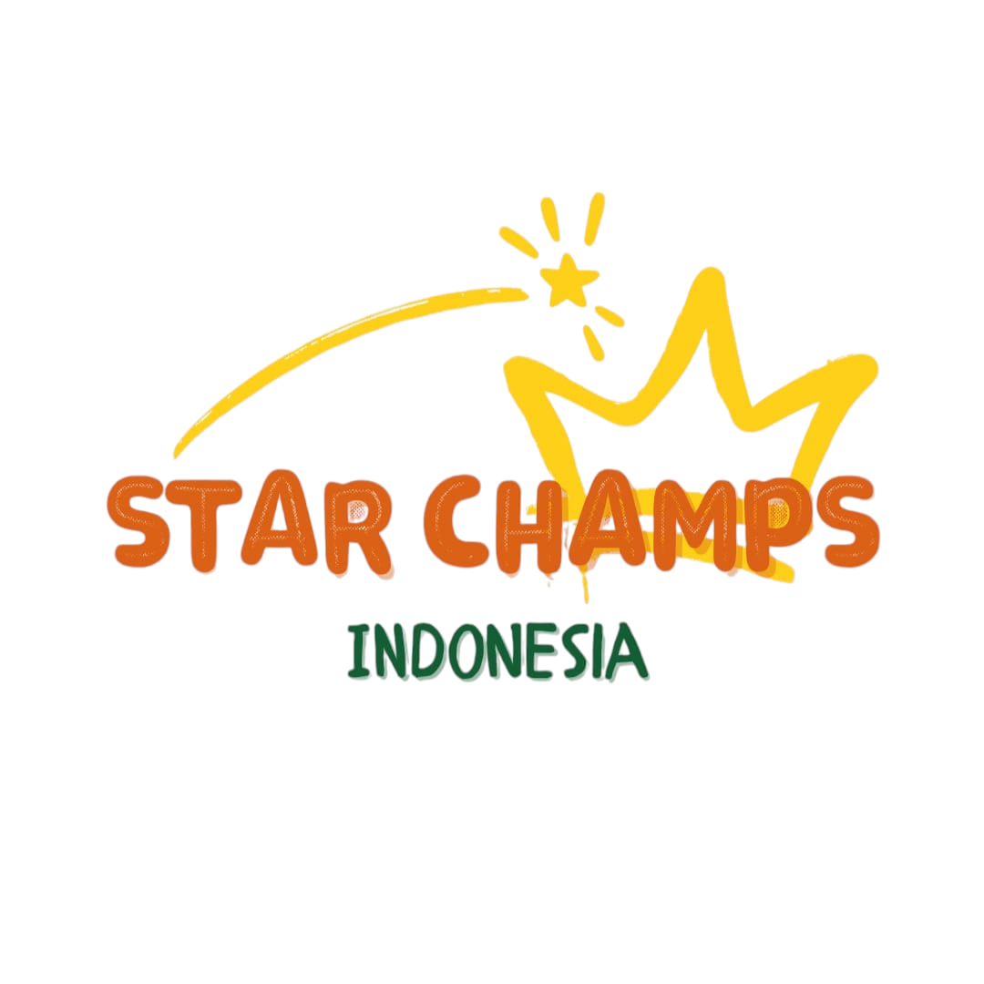 Colorful logo of Star Champs Indonesia featuring a yellow star with a crown, rainbow arc, orange text reading 'Star Champs', and green text reading 'Indonesia'.