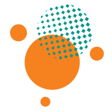 Multiple orange circles of varying sizes with teal dotted patterns on a black background.