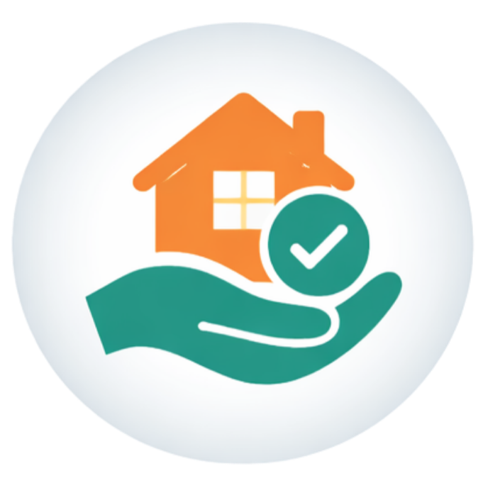 An icon of a house with a window, a hand underneath, and a checkmark in a circle, symbolizing home approval or real estate services.