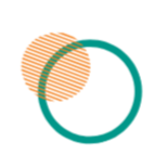 Abstract graphic with orange, teal, and yellow shapes, including a circular and curved element