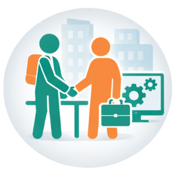 Two businesspeople shaking hands in front of a cityscape with a computer and gears, symbolizing business collaboration or agreement.