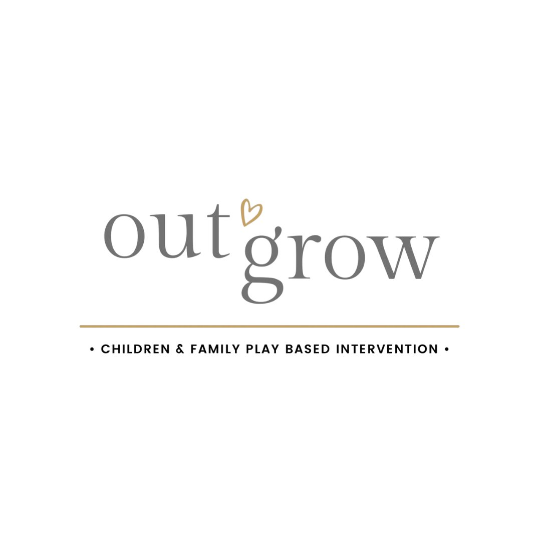 Logo with the words "outgrow" in gray and a small beige heart above the "g". Subtitle reads "Children & family play based intervention."