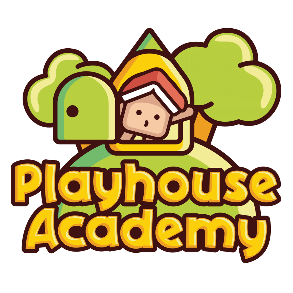 Colorful logo for Playhouse Academy featuring a cartoon child looking out of a window on a playful, green background with trees and a dinosaur.