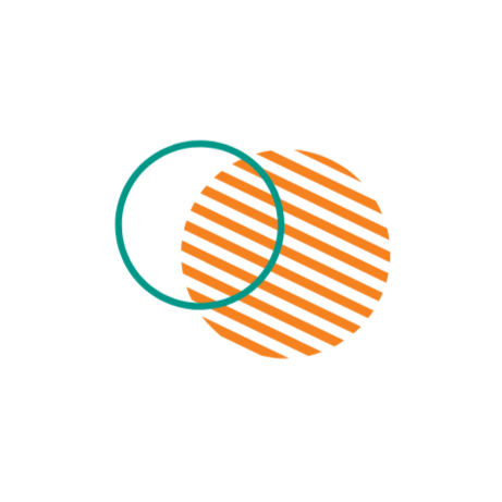 Two overlapping circles, one outlined in teal and one filled with orange diagonal stripes, on a black background.