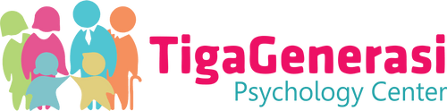 Group of colorful cartoon children and adults standing together with the text 'TigaGenerasi Psychology Center' beside them.
