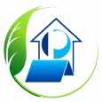 Logo with a stylized house, leaf, and the letter 'P' inside a circle.