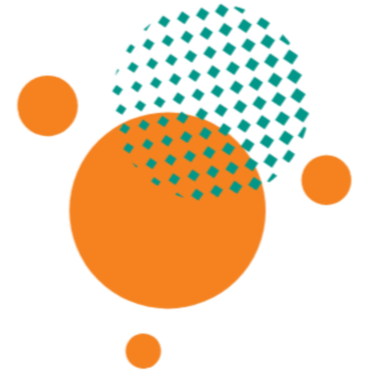 Multiple circles and dot patterns in orange, teal, and black colors.