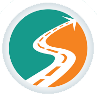 Logo of a winding road inside a circular design with teal and orange colors.