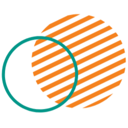 An abstract image of two overlapping circles, one orange with diagonal stripes and one teal, on a black background.