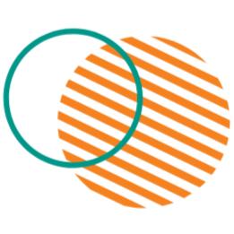 Two overlapping circles, one teal and one orange, with diagonal stripe patterns inside each circle.