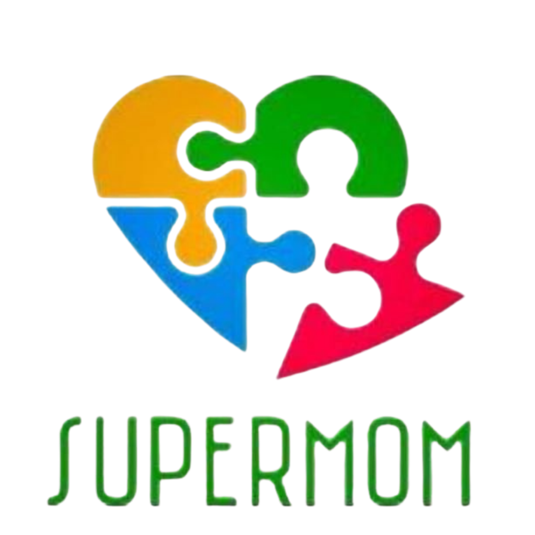 A colorful heart-shaped puzzle with four interconnected pieces in yellow, green, blue, and red. The word "Supermom" is written below in green neon-style letters.