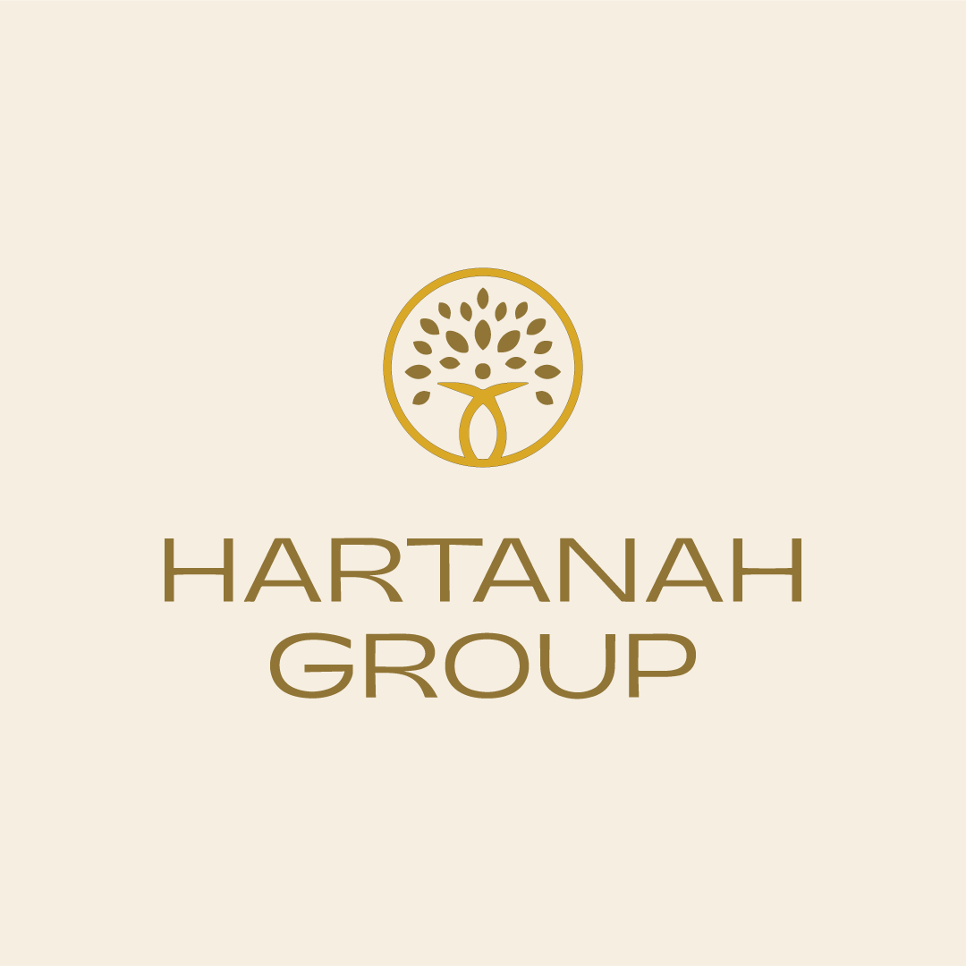 Logo for Hartanah Group featuring a stylized tree with circular branches, in gold color, on a cream background.