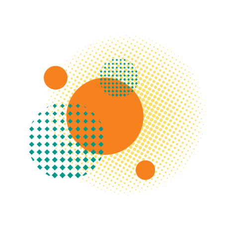 Abstract digital graphic with orange, teal, and yellow halftone circles on a black background.