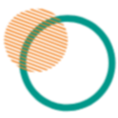 A stylized logo featuring an orange and teal globe encircled by a teal ring with a yellow border.