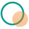 Abstract graphic with teal and orange shapes, including circles and a curved line