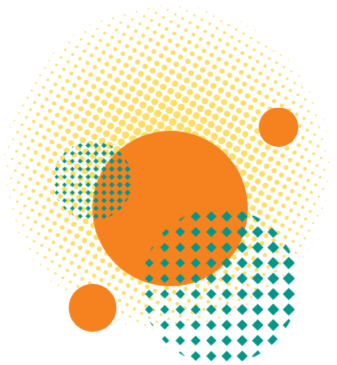 Abstract digital art with orange and blue dotted circles on a black background.