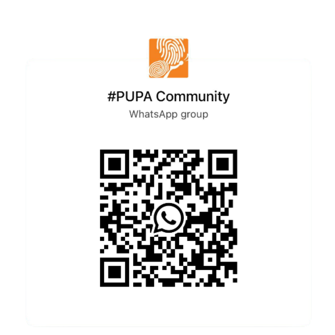 QR code to join the PUPA Community WhatsApp group, connecting families, supporters, and partners for updates and shared information.