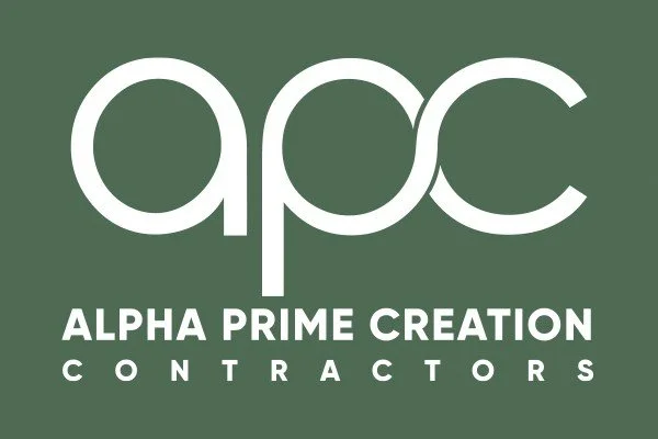 Logo for Alpha Prime Creation Contractors with white text on a dark green background.