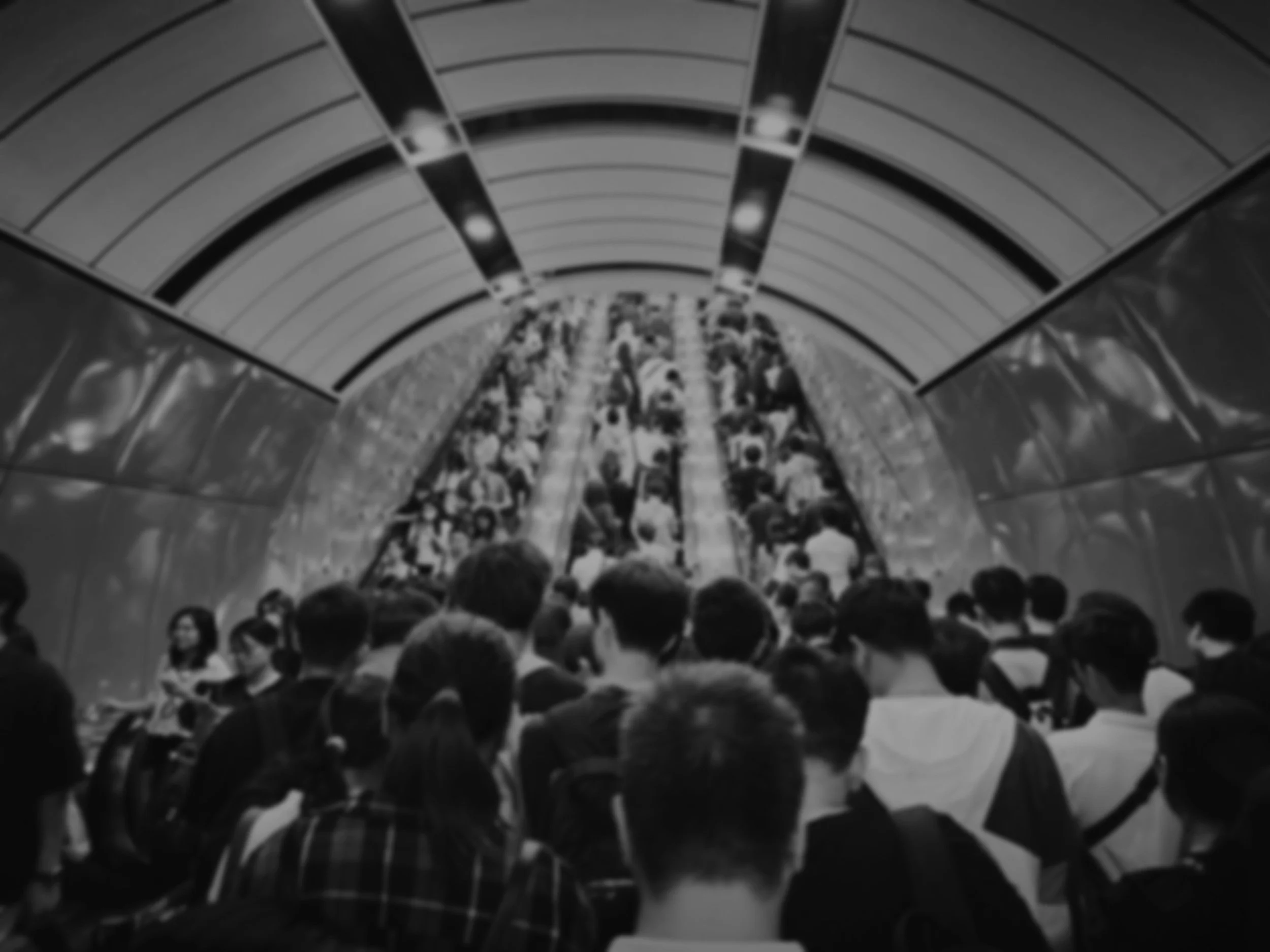 Crowded indoor space with many people waiting or passing through a tunnel with a curved ceiling.