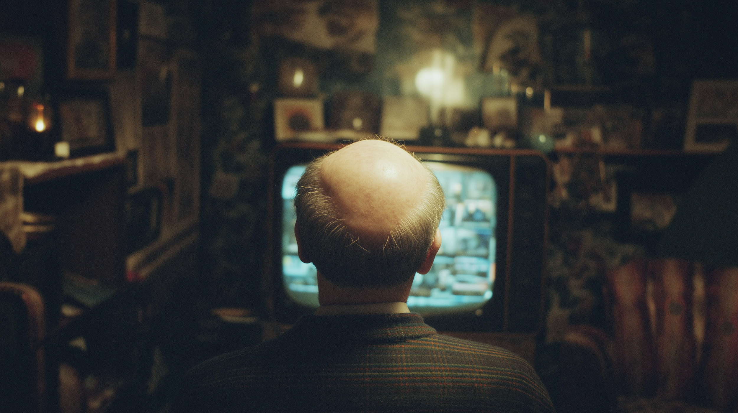 An elderly man with a bald head is watching an old television in a cozy, dimly lit room.