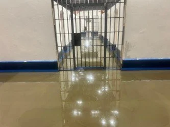 A gated entrance with metal bars, leading to a small room or corridor, with reflective wet flooring in a blue-walled area.Resin floors The Wye Valley, Herefordshire, South Wales, West Midlands, west, cardiff, birmingham, bristol