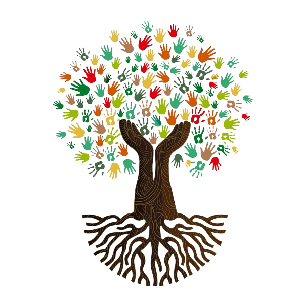 A colourful illustrated tree with a brown trunk and roots, and numerous multicoloured hands as leaves, symbolising diversity and unity.