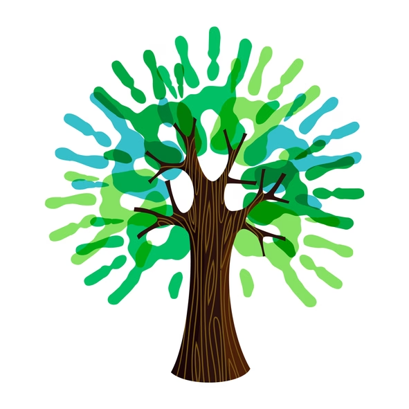 Illustration of a tree with multiple handprints as leaves in green and blue shades.