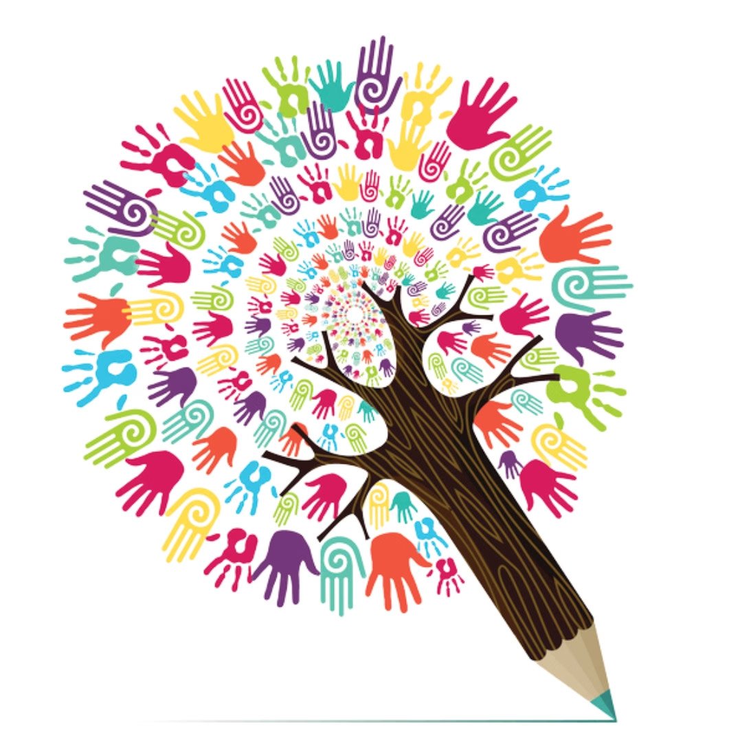 A colourful tree with multicoloured hand and swirl-shaped leaves, drawn as a pencil, symbolising creativity and diversity.