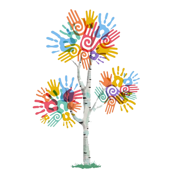 Colourful artistic tree with branches made of multicoloured human hands and spirals.