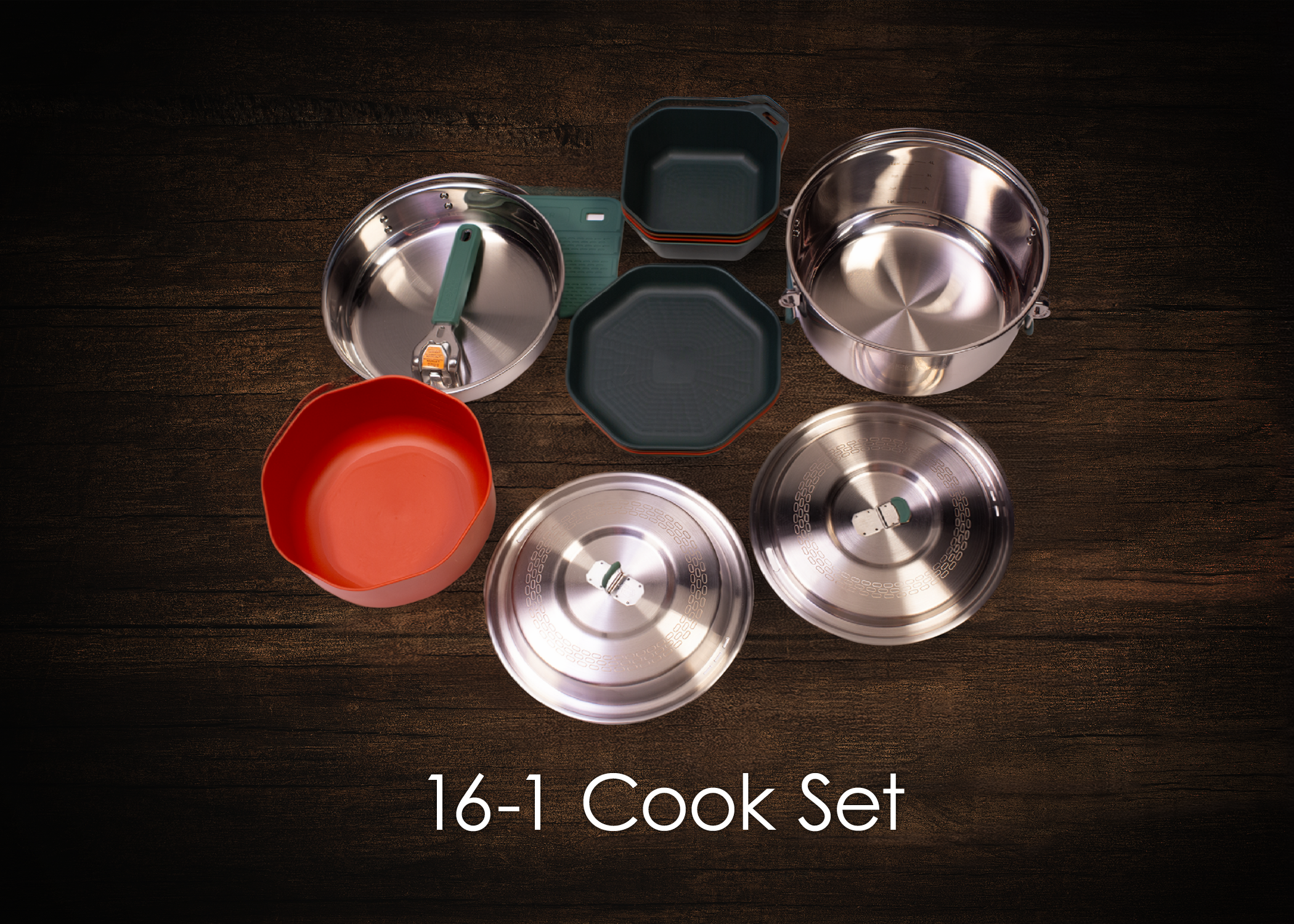 A collection of various cookware including pots, bowls, and lids arranged on a wooden surface with the text '16-1 Cook Set' at the bottom.