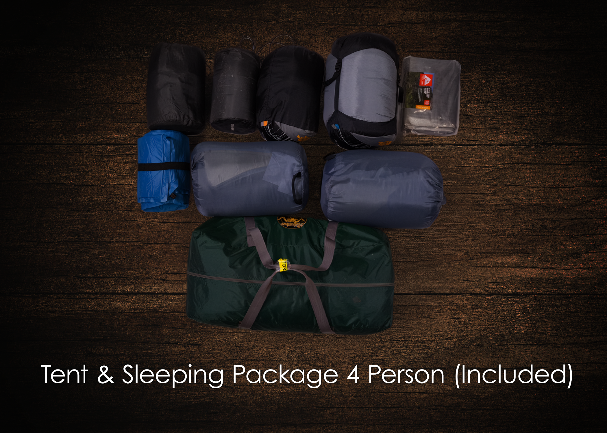 Camping gear including tents and sleeping bags for four people, laid out on a wooden surface with the text "Tent & Sleeping Package 4 Person (Included)" at the bottom.