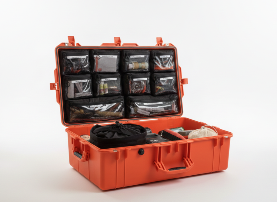 Orange emergency or rescue equipment case open, with organized compartments and various supplies inside.