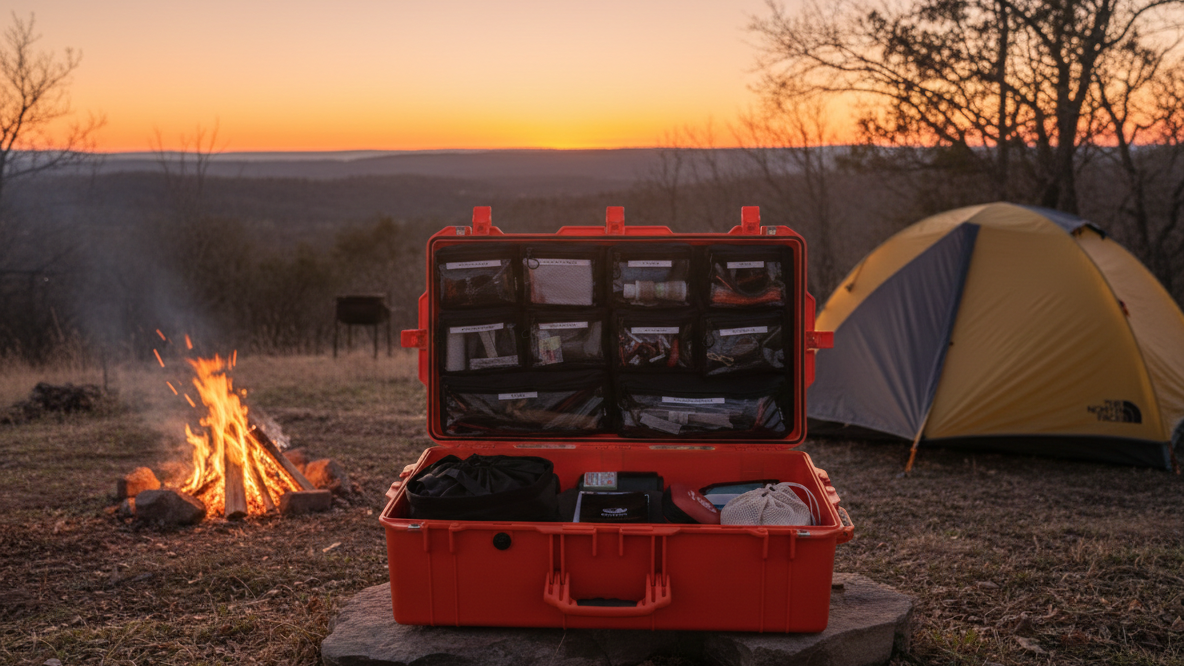 A camping scene at sunset with a small fire, a yellow and gray tent, and an open red emergency kit with various supplies inside, set on a grassy area with leafless trees in the background.