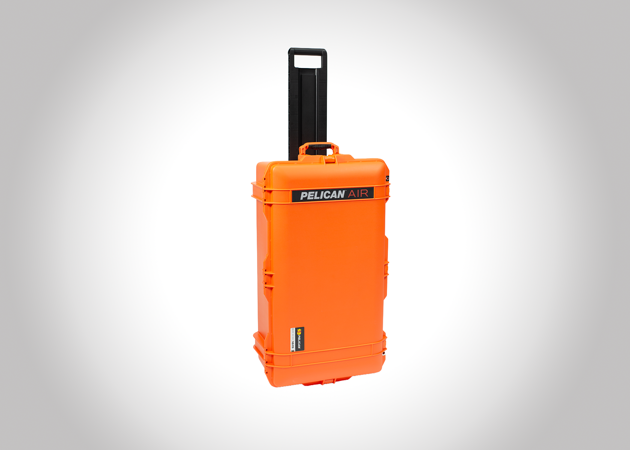 An orange Pelican Air crash rescue or emergency equipment case with a folding handle, set against a plain gray background.