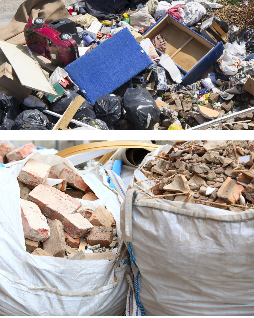 Two images of construction debris and waste. Builders waste. General waste. Household waste.