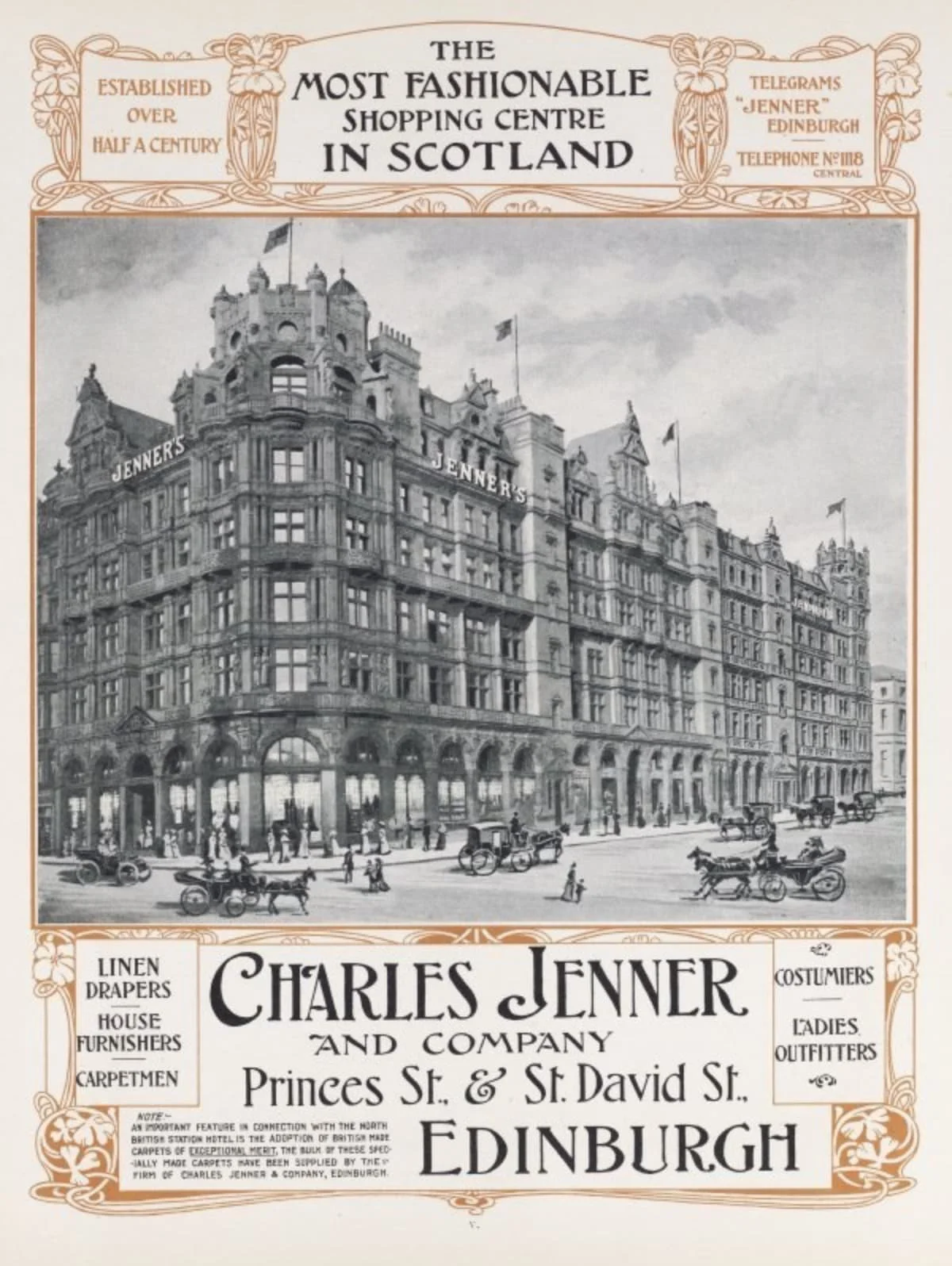 Vintage black and white illustration of The Jenner Building in Edinburgh, built by Charles Jenner, showing a grand multi-story building with ornate architecture, flags on the roof, and horse-drawn carriages and pedestrians on the street in front.