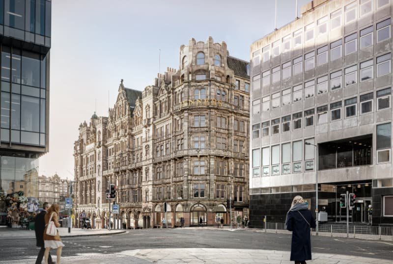 City street composite of The Jenners Building in Edinburgh with historic and modern buildings, pedestrians waiting at crosswalk, and traffic lights