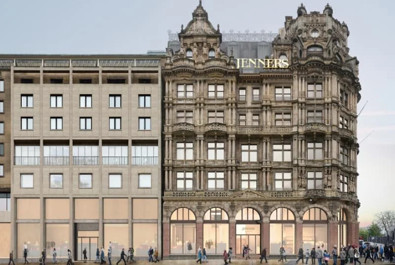 A composite image of The Jenners Building with people walking in front of a modern building and an ornate historic-looking building with a "JENNERS" sign on top.