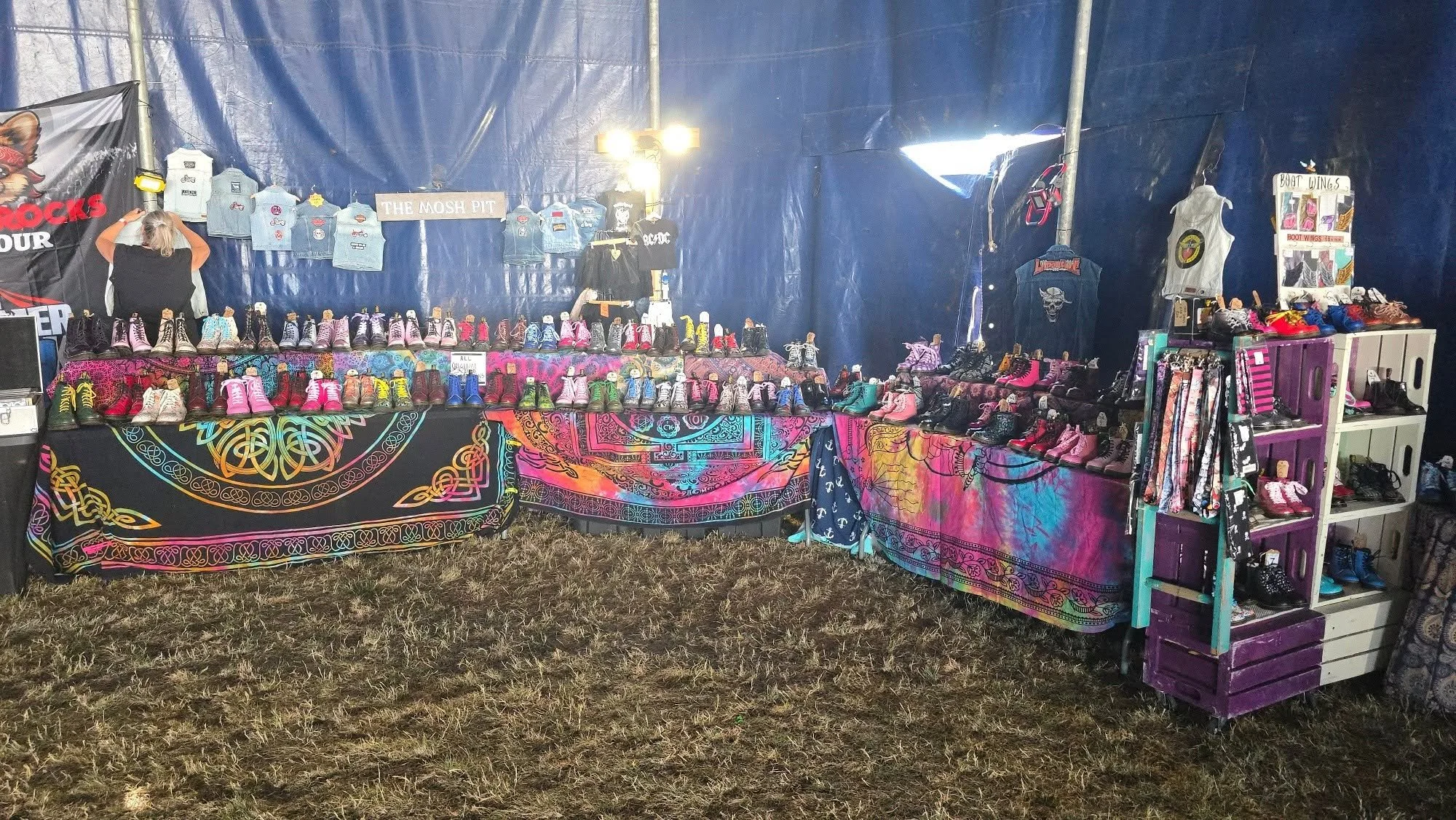 Collection of colourful shows on colourful tables