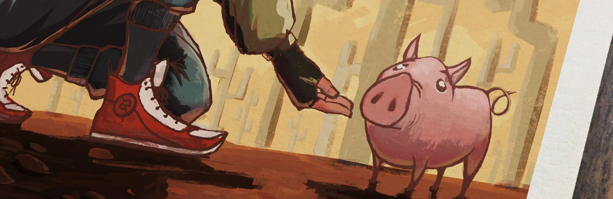 Ilustracja przedstawiająca osobę w czerwonych butach i zielonej kurtce sięgającą w stronę różowej świnki. -- 
A illustration of a person wearing a red shoe, green jacket reaching out to a pink pig 