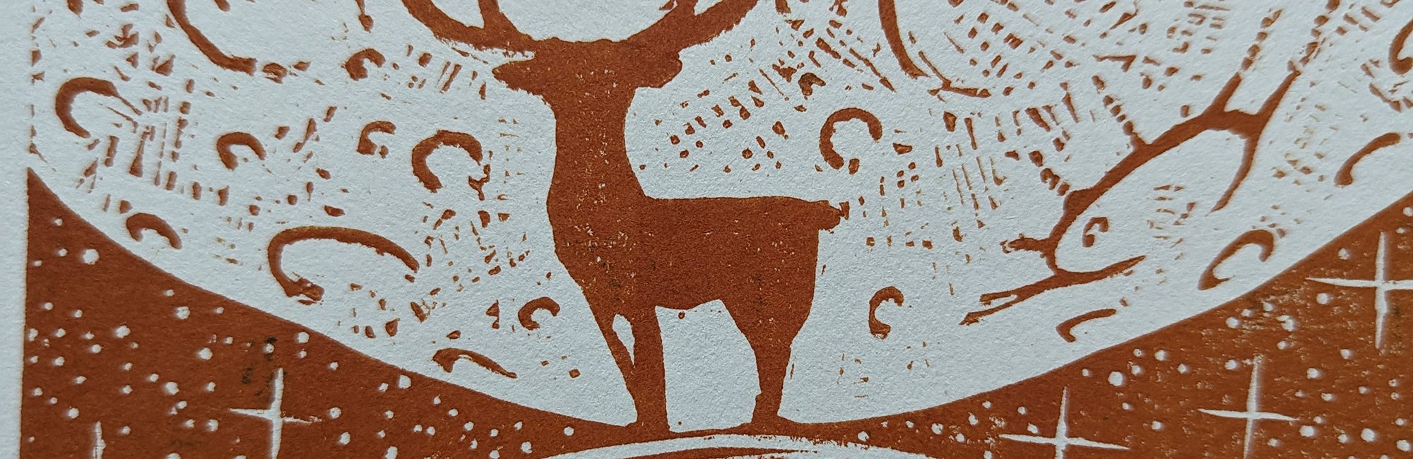 A stylized red deer silhouette surrounded by decorative patterns and abstract shapes in a circular design.
