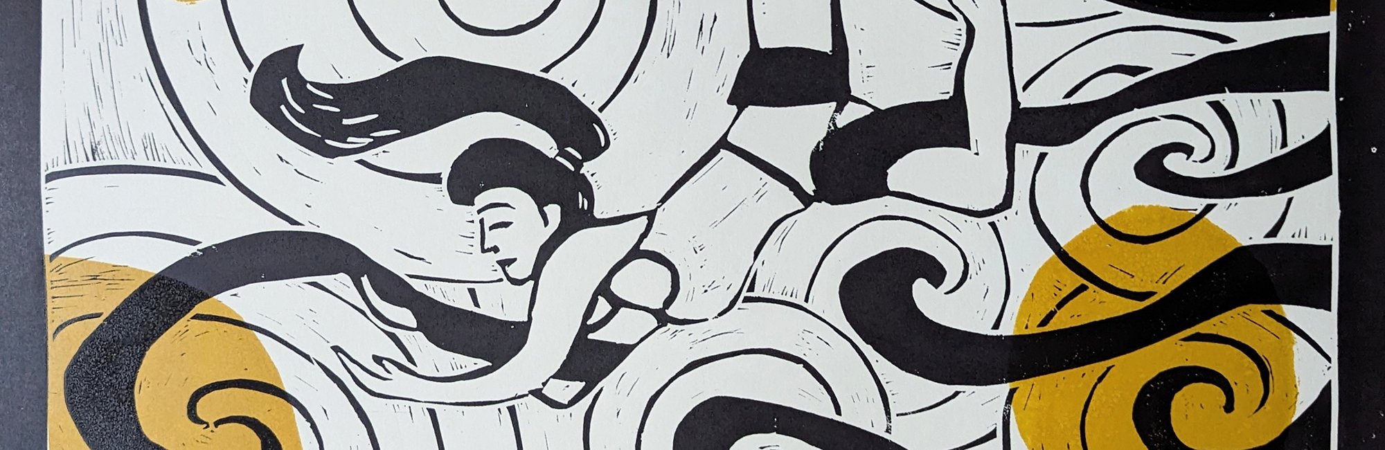 A black and white illustration of a woman with long hair swimming among swirling abstract lines and shapes, with yellow accents.