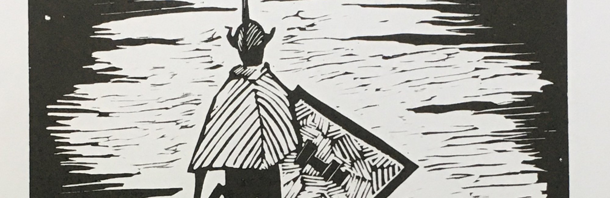 Czarno-biały linoryt przedstawiający postać na wzgórzu, stojącą z tarczą i mieczem. -- 
A black and white linocut print illustration of a figure ion a hill, standing and holding an shiled and sword.