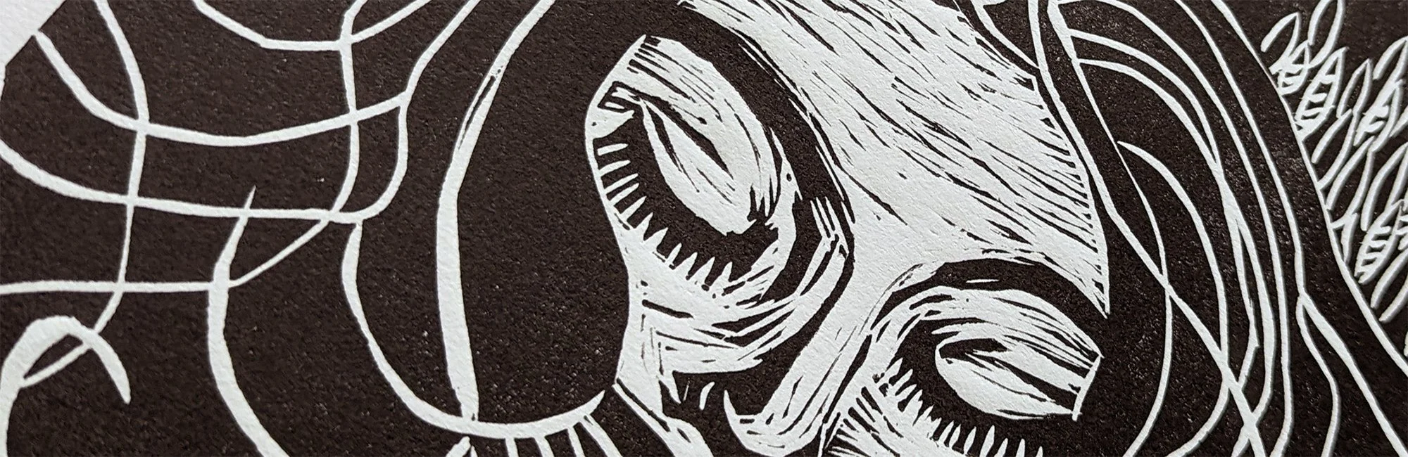 Line drawing of a woman's face wearing sunglasses, with wavy hair, on a dark textured background.