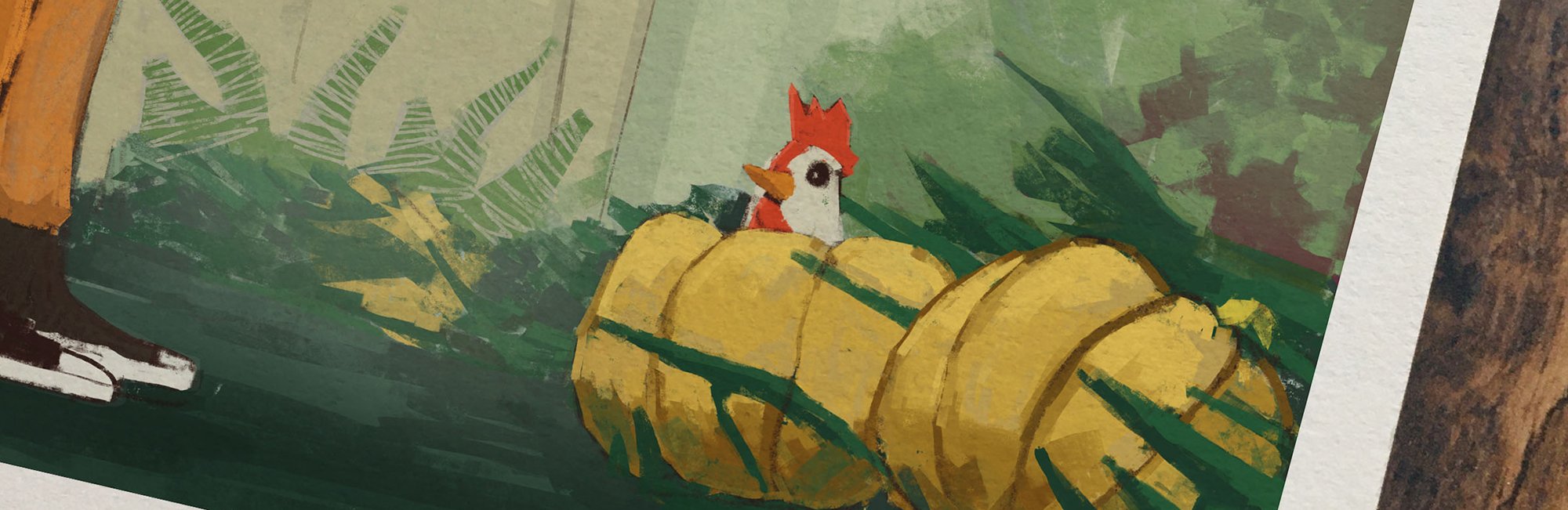 Ilustracja kury z czerwonym grzebieniem i dzwonkami, wyłaniającej się z dużej żółtej dyni, otoczonej zielonymi liśćmi. -- 
Illustration of a chicken with red comb and wattles, peeking out from a large yellow pumpkin, surrounded by green foliage.