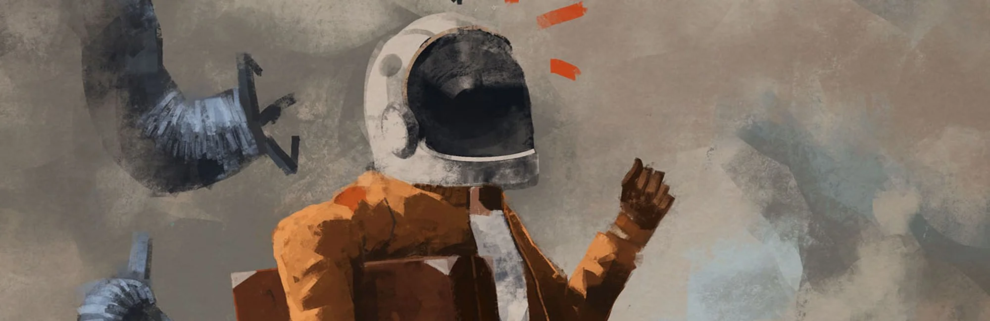 An astronaut wearing an orange spacesuit and helmet, with a dark visor, is holding a wrench and waving, set against a gray, abstract background with orange accents.