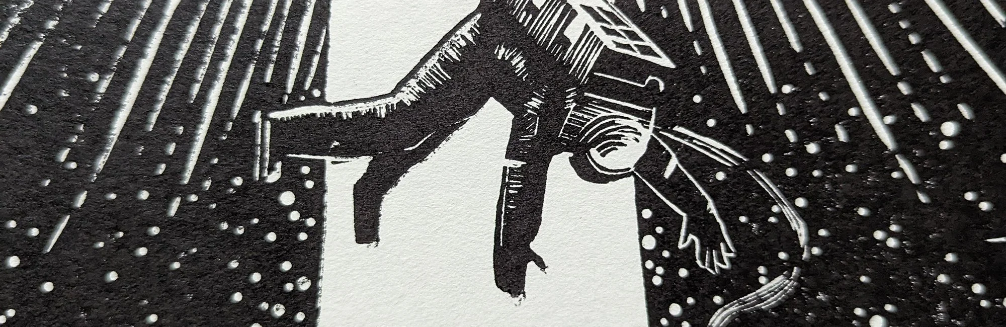 Black and white art of a cat with long whiskers and a flowing tail, surrounded by lines and dots.