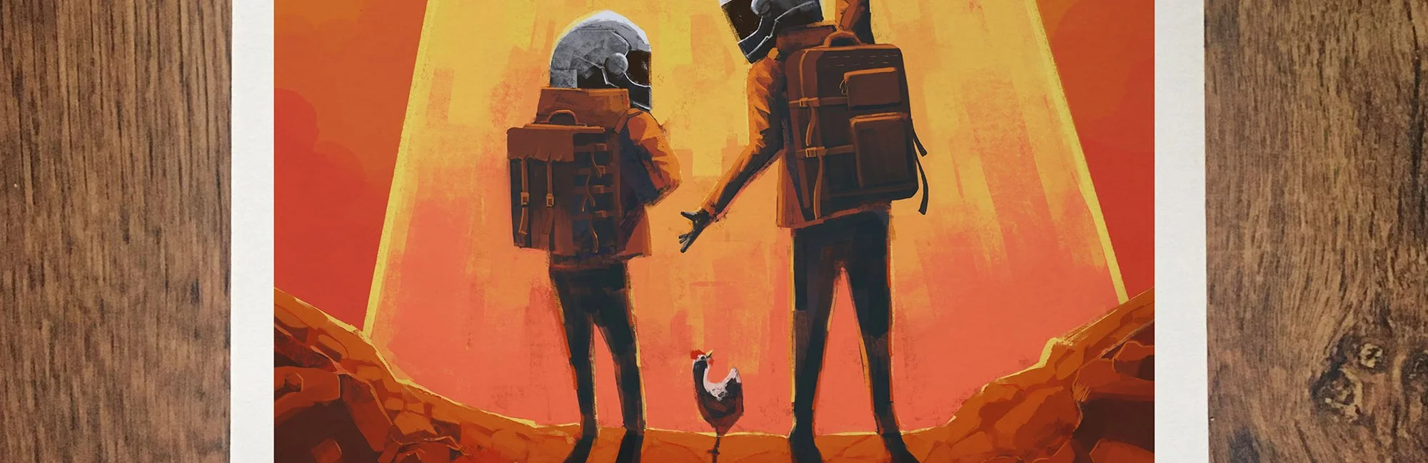 Stylized artwork of two hikers with backpacks and helmets walking together on a rugged path, accompanied by a small dog, with a vibrant sunset background.