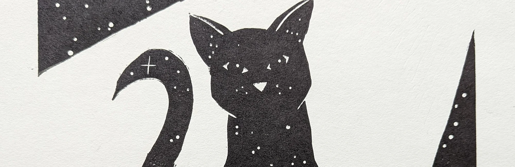 Starry night sky silhouette of a cat with a curved tail, surrounded by star-like dots, on a black and white background.